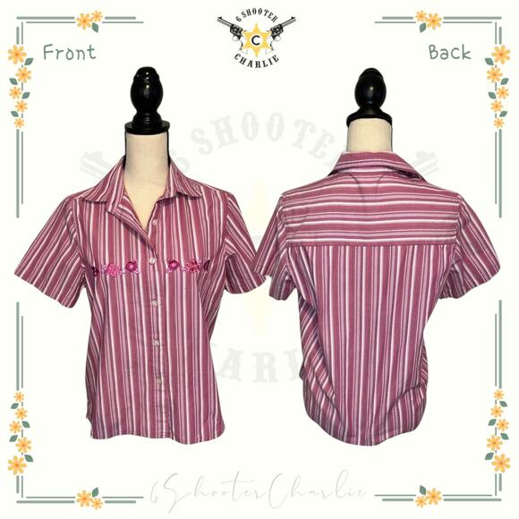 Vintage Blair Embroidered Floral Shirt Womens Sz Small Striped Pink Short Sleeve - Picture 1 of 9